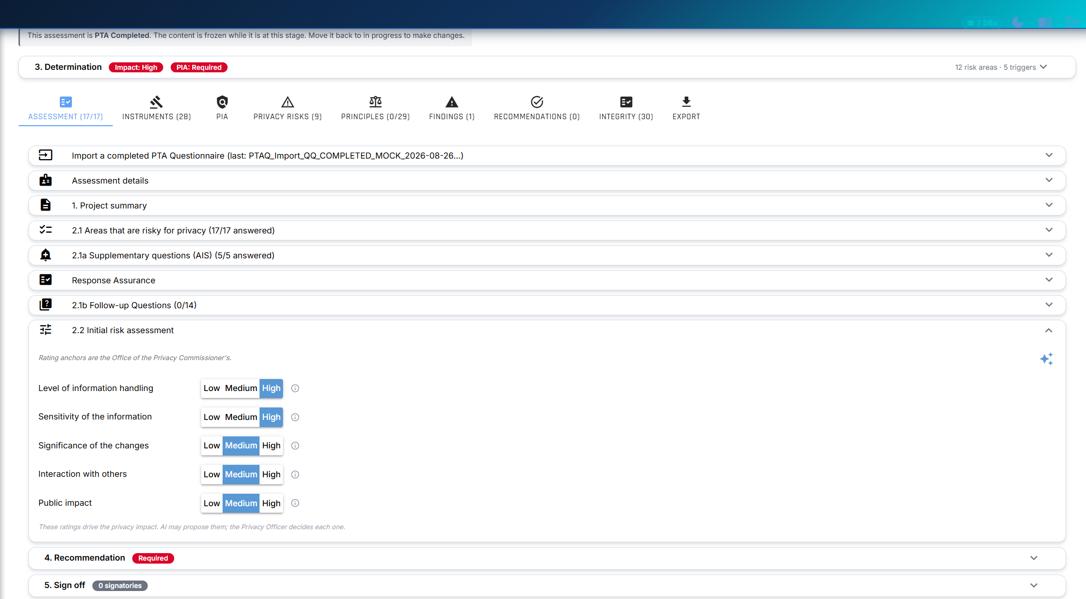 Privacy Analyser showing the threshold determination and assessment tabs