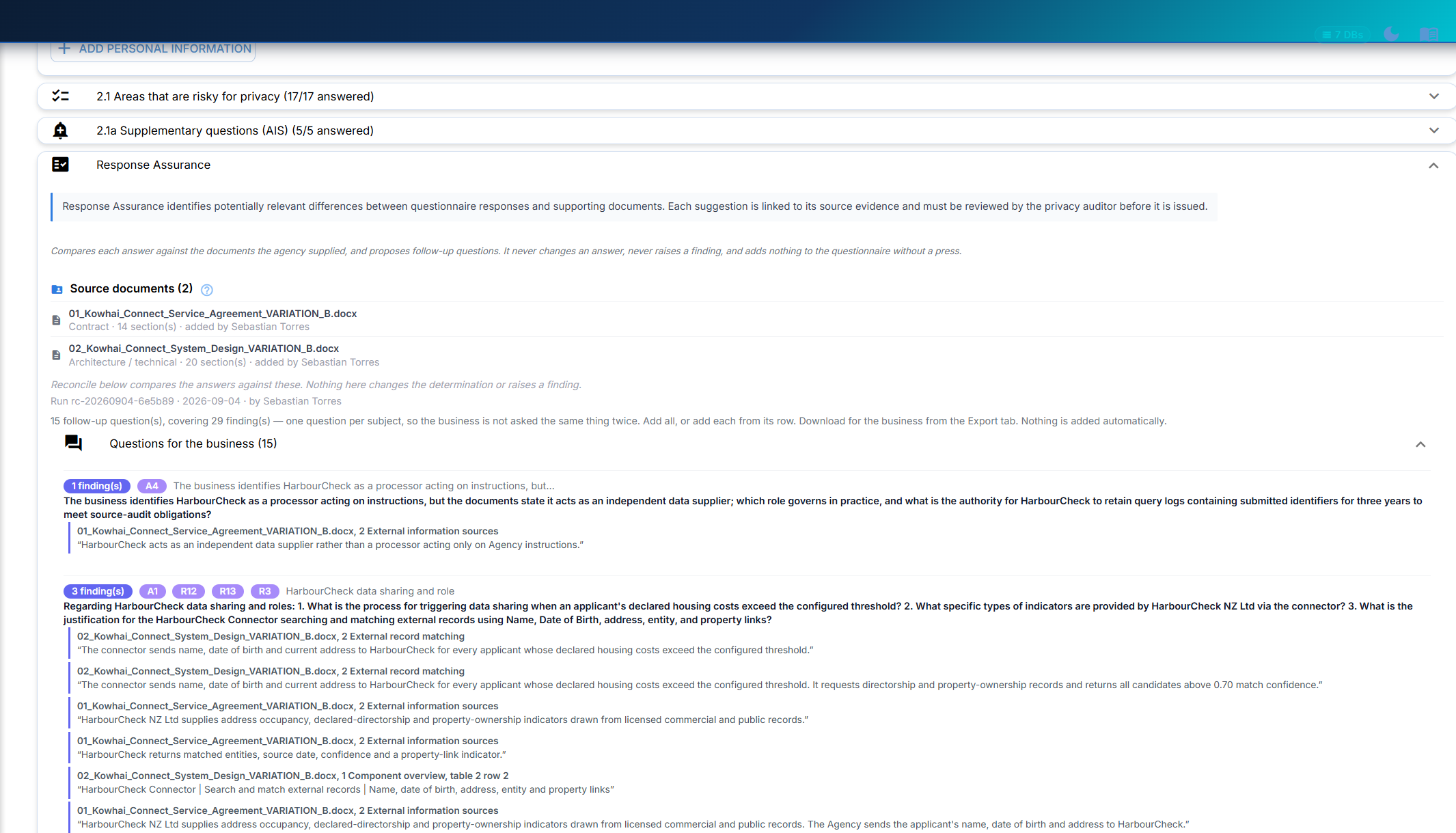 Response Assurance: source documents and evidence-backed follow-up questions