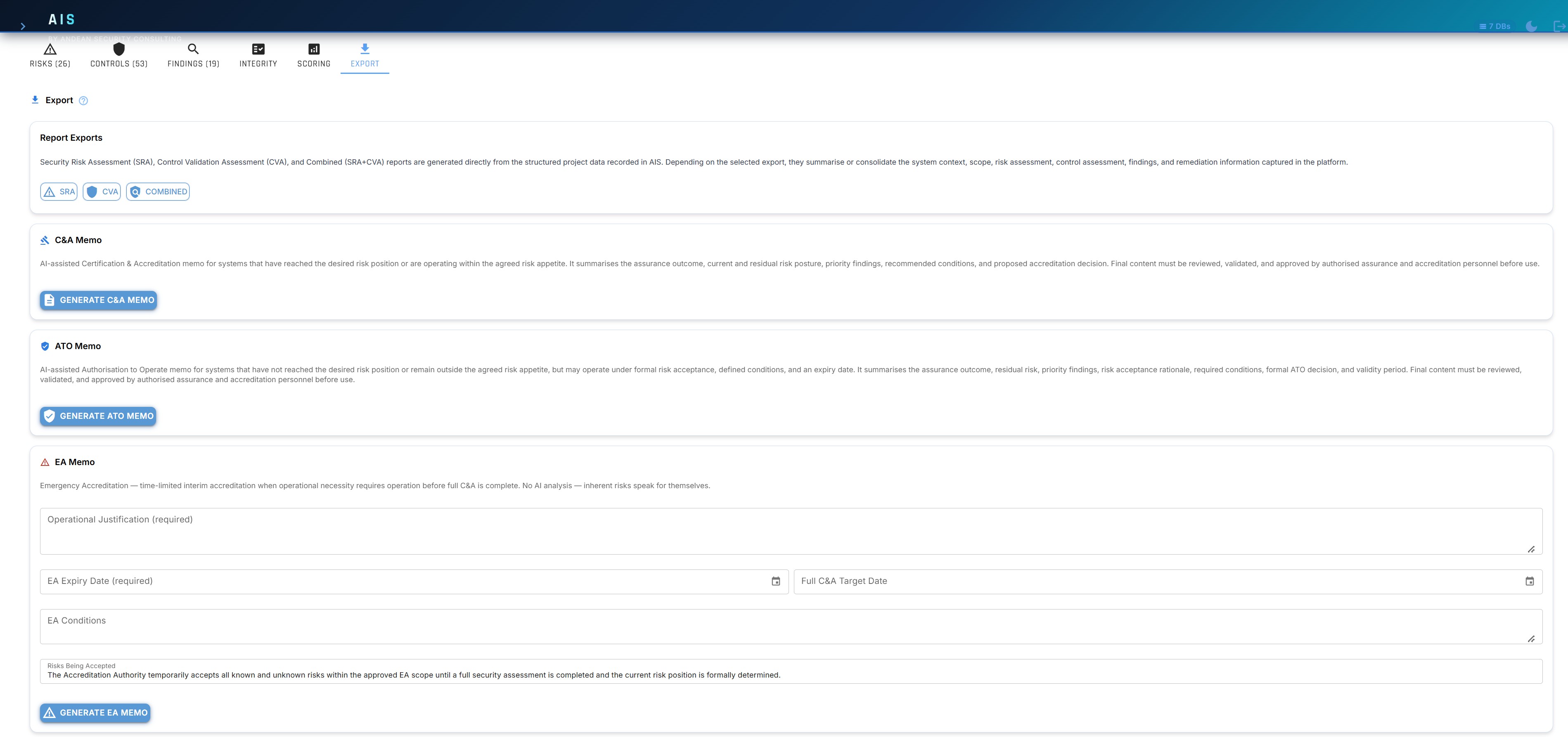 AIS export panel with SRA, CVA, C&A, ATO and EA outputs