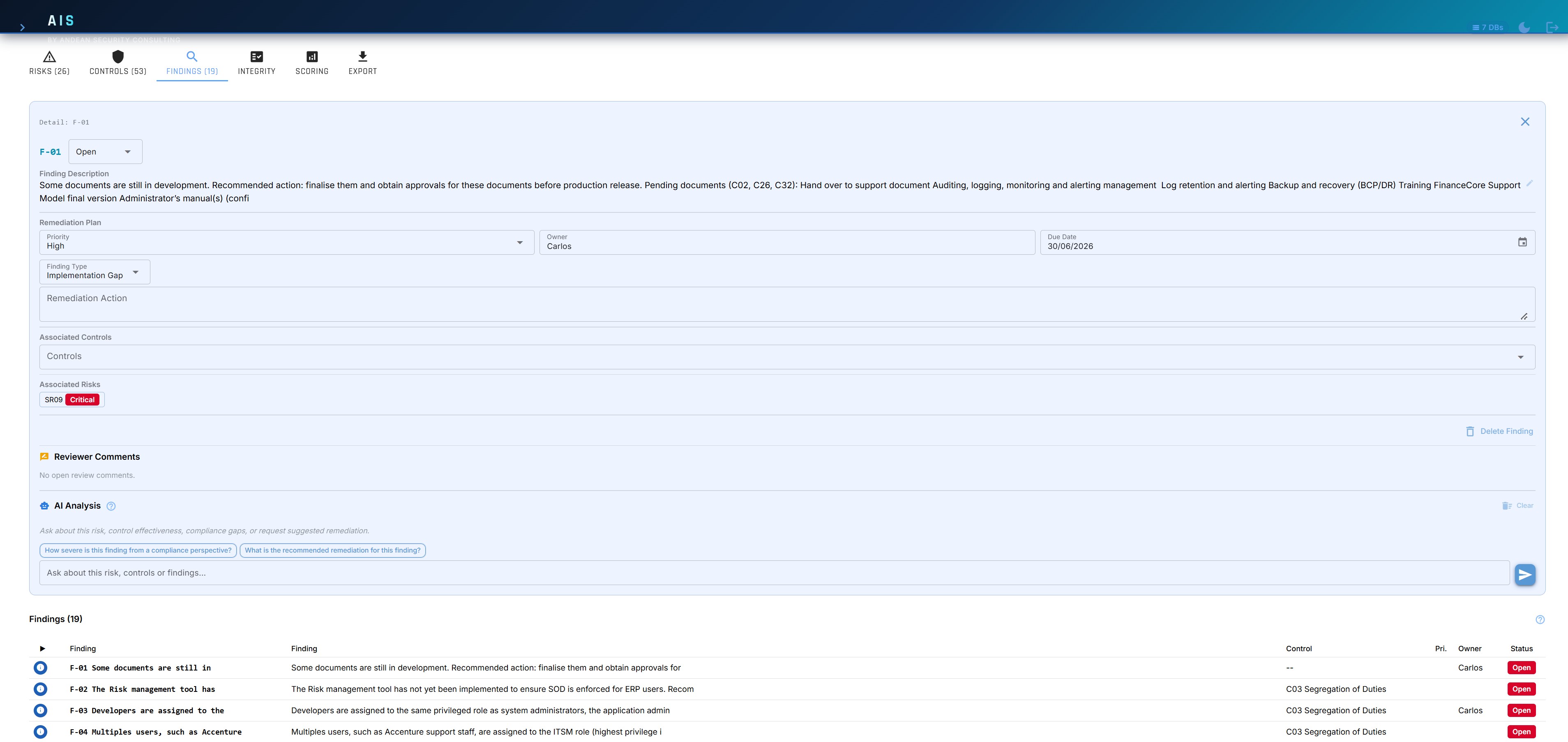 AIS findings management inside a project