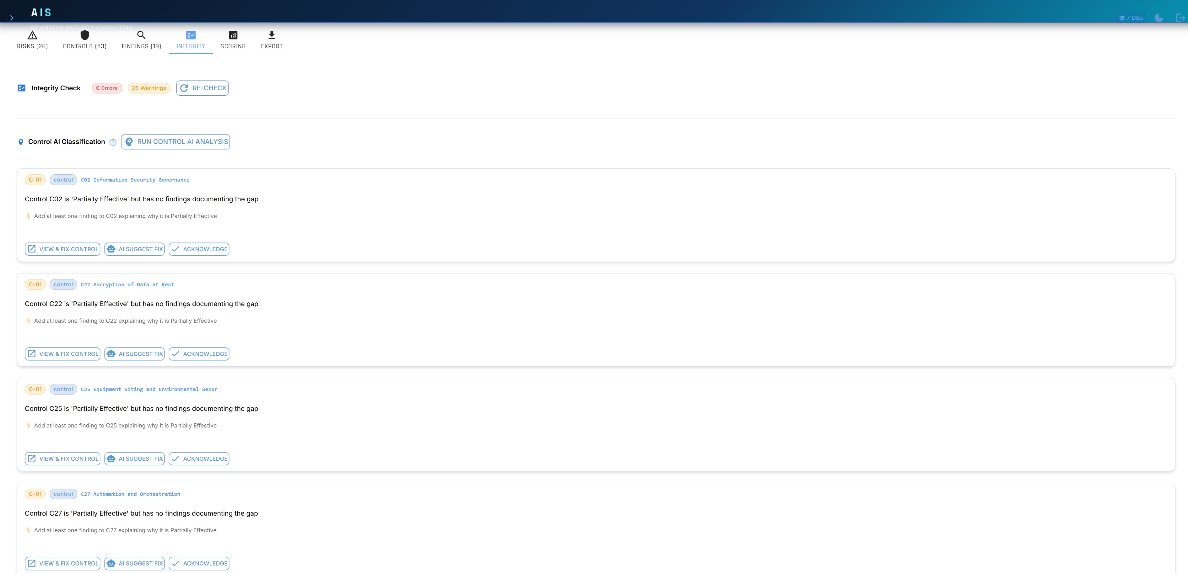 AIS Integrity Check showing control consistency warnings